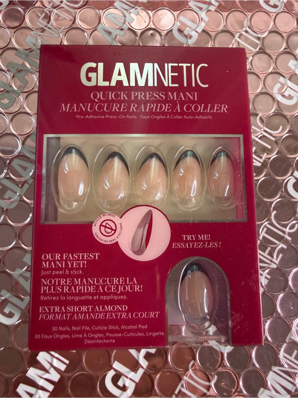 GLAMNETIC Quick Press Mani - Nude Almond Press-On Nails with Black Tips